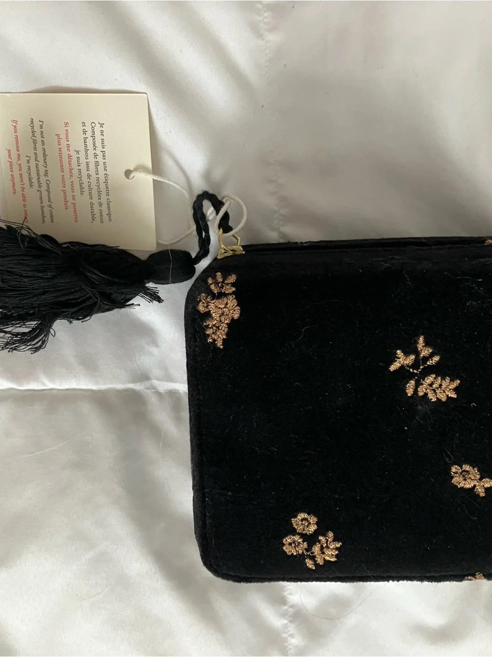 Sezane Black Velvet Floral Embroidered Jewelry Case, Large